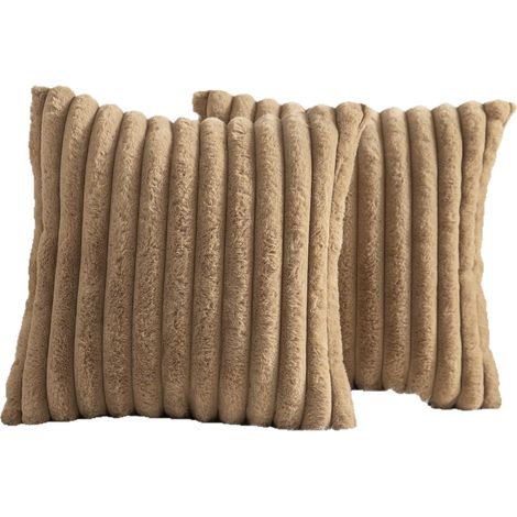 Lot de 2 Housses de Coussin en Peluche en Fausse Fourrure Housse de Coussin décorative Douce à Rayures moelleuses Marron foncé 40 x 40 cm (1/5)
