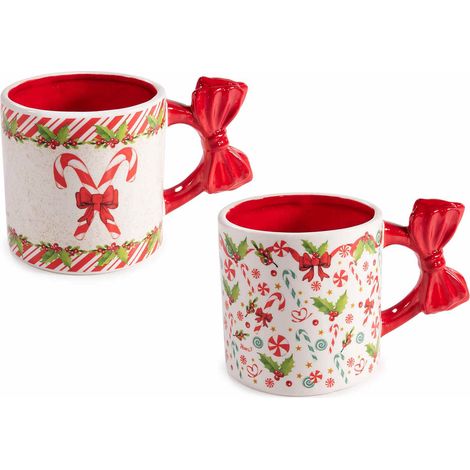 Tasses de Noël en céramique à anse nœud rouge et motifs imprimés, lot de 4, diam. 9 cm x H. 9,5 cm
