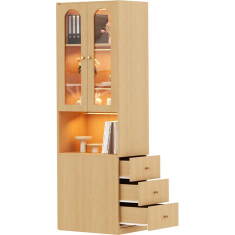 Bibliothèque Haute Étroite 60×40×200cm – Bois Effet, 3 Tiroirs Latéraux, Vitrine Verre Trempé avec LED, Montage Réversible