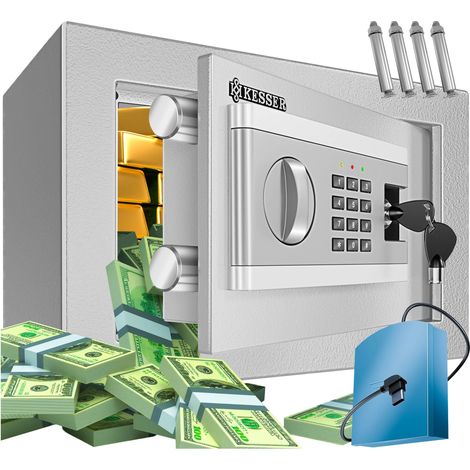 KESSER® Elektr. Tresor Inkl. Batteriebox Elektronischer Safe 3x Doppelbolzenverriegelung Boden Wandtresor Möbeltresor Innenbeleuchtung S (Silber)