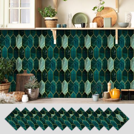 Lot de 12 stickers pour carrelage en PVC 3D style vintage dimensions 10 x 10 cm autocollants pour cuisine et salle de bain (1/5)