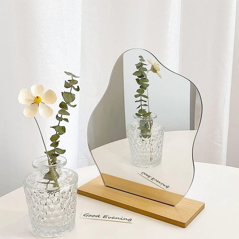 Miroir de maquillage en acrylique sans cadre, petit miroir décoratif irrégulier avec base en bois, miroir de table cosmétique pour chambre, salon, hôtels, décoration esthétique (1/5)