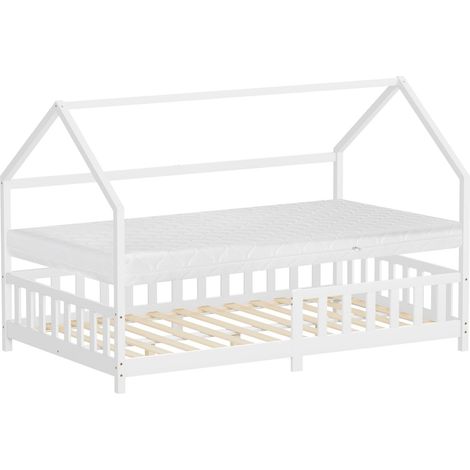 ML-Design Kinderbett Hausbett 120x200 cm mit Matratze, Rausfallschutz, Dach & Lattenrost, Weiß, Bettgestell aus Kiefernholz, Montessori Bodenbett, Holzbett für Mädchen & Jungen, Jugendbett Doppelbett