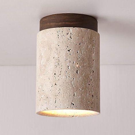 Plafonnier cylindrique semi-encastré en travertin jaune et bois de noyer pour salon