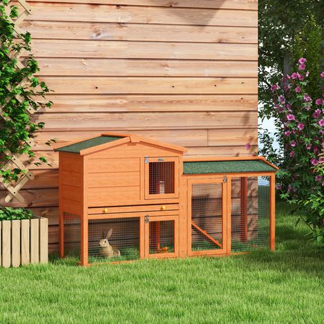Clapier à lapins extérieur 2 niveaux en bois avec enclos sécurisé, rampe, toit imperméable et tiroir de nettoyage, orange, 150 x 45 x 85 cm - CHICFURN (1/5)