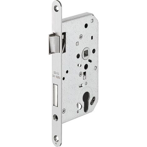 serrure à mortaiser porte d'entrée palière coupe-feu cylindre profil européen, Pêne demi-tour standard, largeur de têtière : 20 mm, pose : DIN à droite, axe 65 mm, acier inoxydable (1/2)