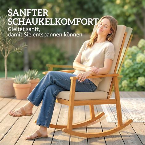 Fauteuil berçant en acacia massif, dossier haut, coussin beige, charge max 160 kg, dimensions 60x89x107 cm. (1/4)