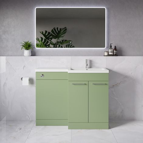 Napoli 390 Olive Green 1100mm 2 Door Vanity Unit Toilet Suite with Square Right Hand Lucia Basin - 1100mm - Chrome 160mm HandleWithout Kingston Toilet Pan