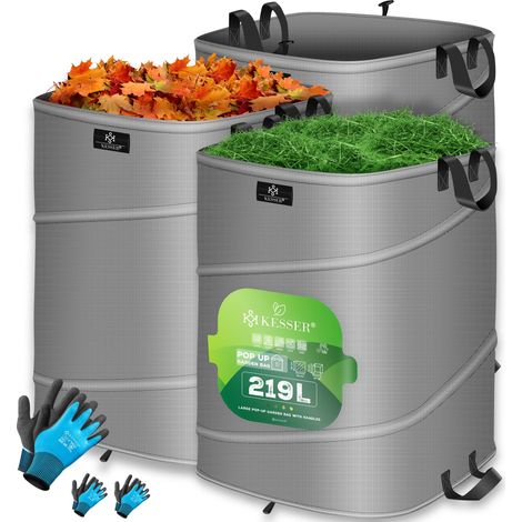 KESSER® Pop-Up-Gartensack Laubsack Gartenabfallsack inkl. Handschuhe Selbststehend mit Griffen Stabil Robust & Faltbar Grau / Schwarz, 3x 219 Liter (1/5)