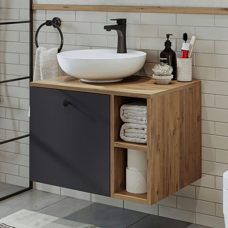 Meuble vasque rond décor pin et gris 1 tiroir RAI (1/5)