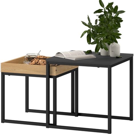 Set de 2 mesas de centro modernas de MDF y metal negro para espacios pequeños (1/5)