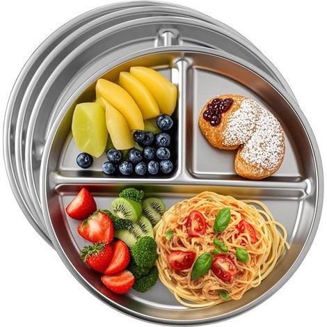 Planche à compartiments en acier inoxydable 304 - 4 pièces - Ø 23 cm - 3 compartiments - Compatible lave-vaisselle - Incassable - Argent (1/5)