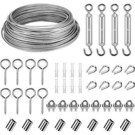 Kit de cuerda colgante de acero inoxidable de 30 m, cable de acero inoxidable recubierto de PVC de 3 mm con tensor de cuerda M5 y ganchos, para tendederos, luces colgantes, plantas trepadoras y barand