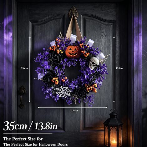 Couronne porte Halloween 35×35 cm, roses artificielles violettes et noires, citrouille, crâne, baie décorative