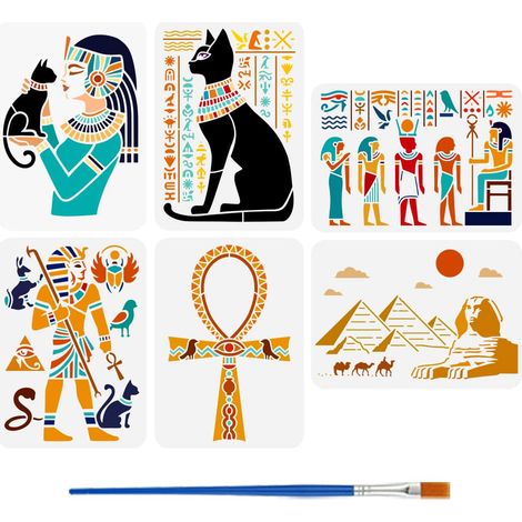 6Pcs Pochoirs pour la Peinture Au Pinceau 21x29.7cm Pochoir D'Architecture Ankh Réutilisable Pochoir à Motifs Évidés de Symboles Pochoir sur Le Thème de L'Egypte (1/5)