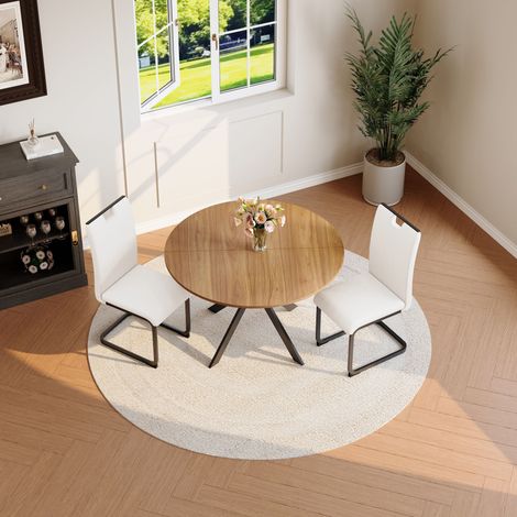 Ensemble à manger: Table ronde + 2 chaises blanches en faux cuir, ensemble de cuisine avec cadre métallique pour la maison