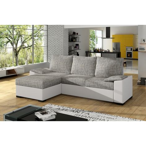 - Canapé d'angle convertible, en tissu gris et simili blanc, angle gauche (vu de face) - LUCAS (1/5)