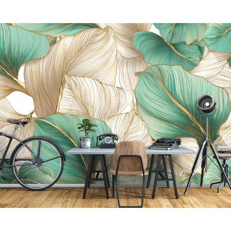 Fototapete Blätter Kunst Deco Gold, für Wohnzimmer und Schlafzimmer, 150 x 105 cm – Komplettset inkl. Kleister & Anleitung (1/5)