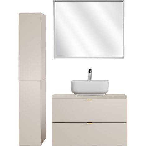 Badmöbel Set 3-teilig mit 80 cm Waschtisch & LED-Spiegel, in Beige - DURANGO-56 (1/5)