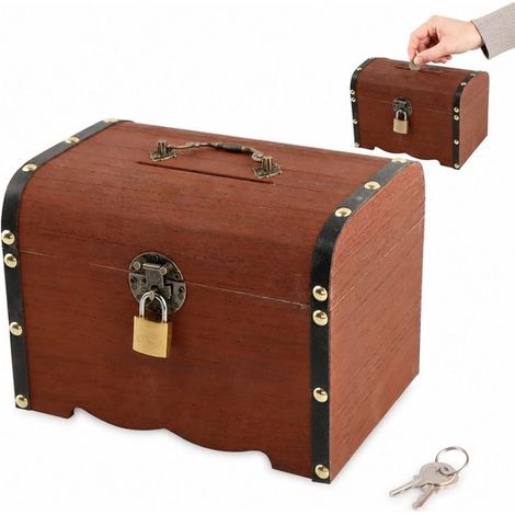 Tirelire en bois avec serrure 17,5 x 13 x 12,5 cm, boîte à monnaie verrouillable pour enfants et adultes, couleur naturelle (1/5)