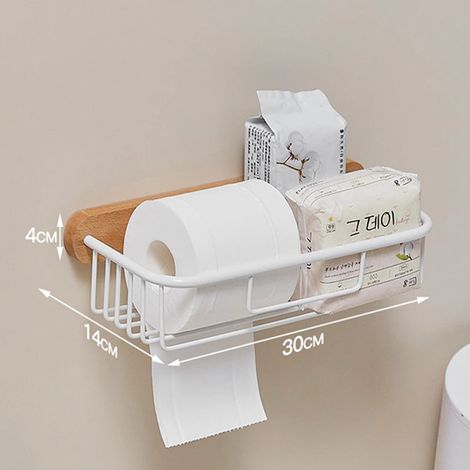 (Style 8) Ensemble de rangement de salle de bain en bois et métal sans perçage – Porte-papier toilette mural, porte-savon et boîte à mouchoirs – Organisateur sans perçage (1/5)