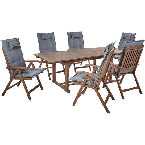 Conjunto de jardín rústico 6 plazas mesa extensible sillas reclinables madera acacia oscura con cojines grises Amantea