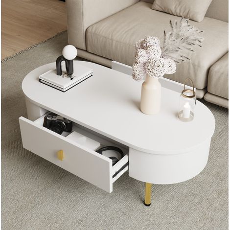 Table basse 108x50x40 cm blanc en MDF avec 2 tiroirs et finitions dorées (1/5)