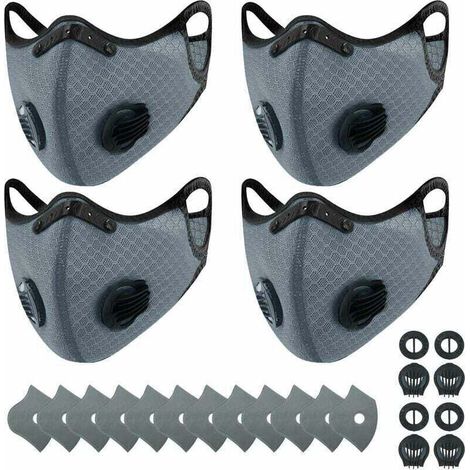 4 wiederverwendbare, atmungsaktive Sport-Staubmasken + 12 Aktivkohlefilter, geeignet für Outdoor-Aktivitäten, Holzarbeiten, Rasenmähen, Laufen und Radfahren (grau)