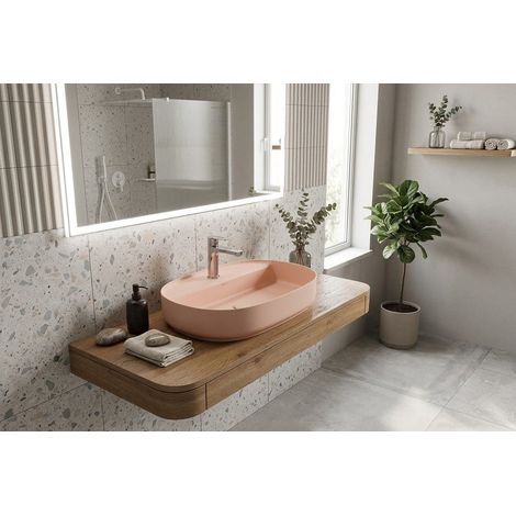 Lavabo ovale da appoggio senza troppo pieno in ceramica con foro rubinetto - Salmone Opaco