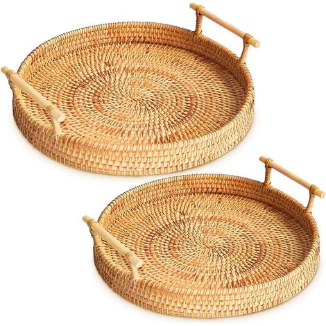 Panier de rangement décoratif, plateau de service rond en rotin avec poignées découpées pour un transport facile, écologique (23,9 cm, 2 pièces) (1/5)