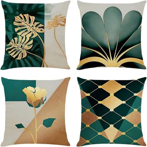 Lot de 4 Housses de coussin 45x45 cm, Lin et coton, Motif ginkgo, Fermeture éclair invisible, Pour canapé et salon (1/5)