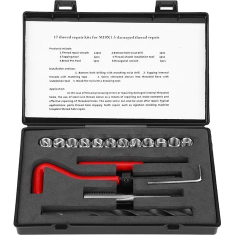 17 Pièces Kit de Réparation de Filetage, Reparation Filetage, Inserts Filetés Femelles Manchon Fileté Avec Étui Portable(M10x1.5) (1/5)