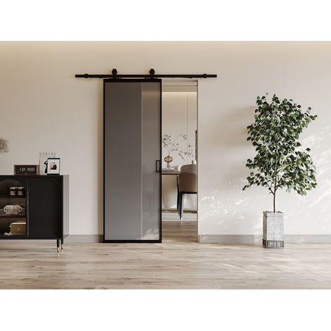 Porte coulissante avec système en applique - aluminium et verre trempé fumé dépoli - H205 x L73 cm - LINCI II (1/4)