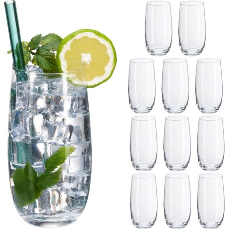 Relaxdays Verre pratique en lot de 12, convient au lave-vaisselle, pour le jus, la limonade, 520 ml, transparent