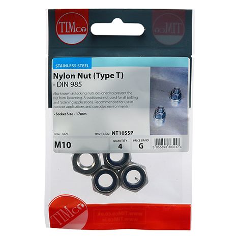 TIMCO Nylon Insert Nuts Type T DIN985 A2 Stainless Steel - M10