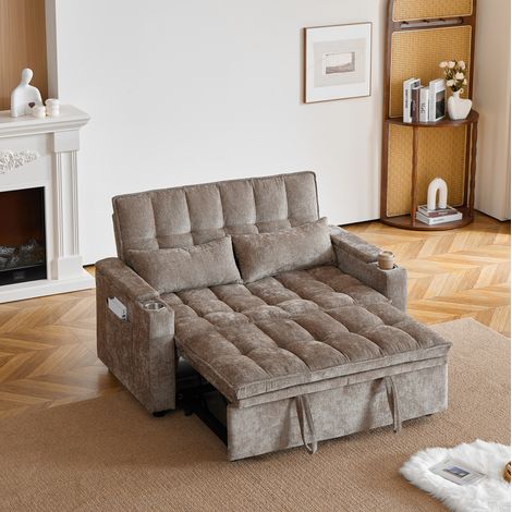 MODFU – Sofá cama 3-en-1 142 cm de chenilla con diseño ondulado, 2 cojines lumbares, compartimentos, bolsillos y portavasos – Marrón (1/5)