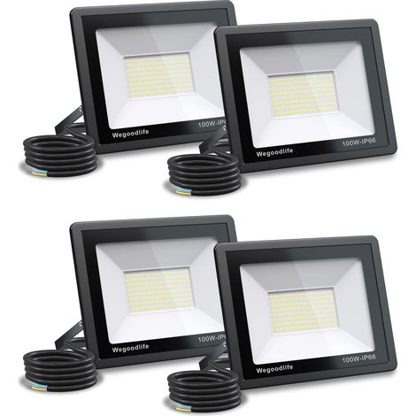 Lot de 4 Projecteur LED Extérieur 100W, Super Lumineux 8140LM Spot LED Extérieur, 3000K Blanc Chaud, IP66 Étanche, Éclairage Mural pour Jardin, Patio, Garage, Allée, Atelier, Sans Prise