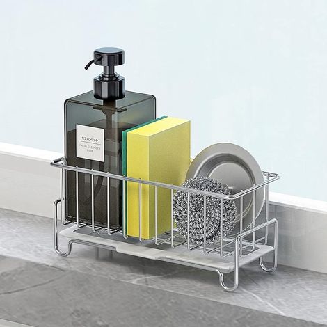 Organizer per lavello da cucina, porta spugna con vaschetta raccogligocce, acciaio inox 304, per spugne, sapone, cucina, bagno, argento