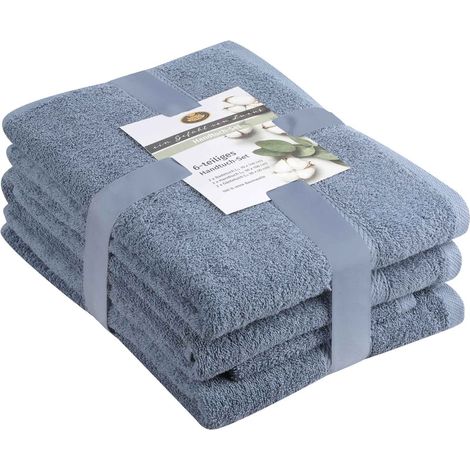 Set Serviette Éponge, 2 Serviettes (50 x 100 cm), 2 Serviettes de douche (70 x 140 cm) et 2 serviettes pour invités (30 x 50 cm), 100% Coton, 480 g/m² - Bleu (1/5)