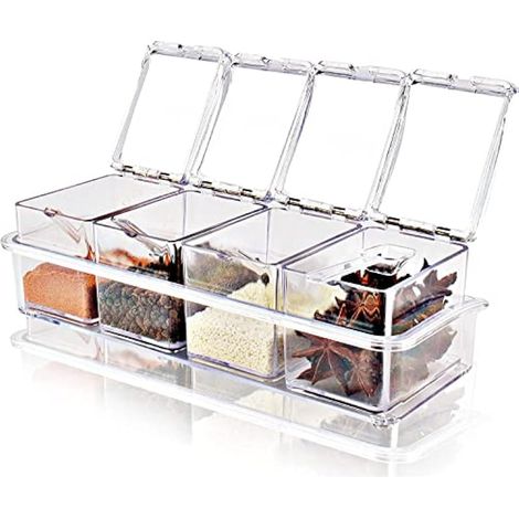 Lot de 4 boîtes d'assaisonnement transparentes avec couvercle et cuillère, pots à épices pour sucre, sel, poivre et autres épices (1/5)