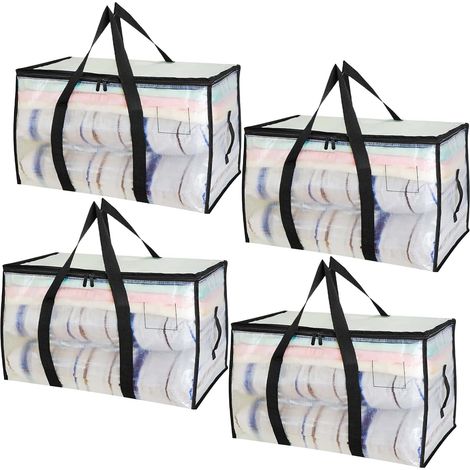 Juego de 4 bolsas grandes de 90 litros para guardar ropa, impermeables, plegables y con tapas con cremallera, una alternativa a las cajas de mudanza, ideales para camping, ropa de cama y otras prendas