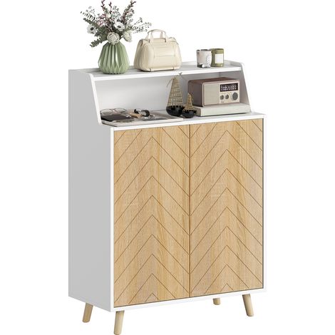 HOMCOM zapatero de 2 puertas en espiga, estantes ajustables, compartimento abierto, para 15 pares de zapatos, 75x35x104 cm, blanco y natural (1/5)