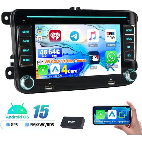 Autoradio GPS RDS Android 15 compatible CarPlay pour VW Golf 5, 6 Plus, Touran et Caddy 4+64G DAB (1/5)