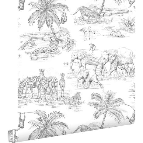 papier peint animaux de la jungle noir et blanc - ESTAhome (1/5)