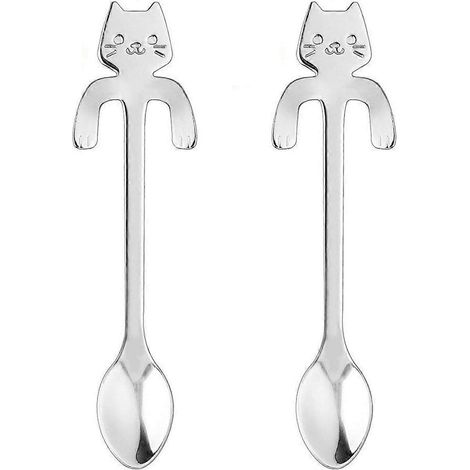 Cuillère à café/à thé en acier inoxydable, motif chat mignon, lot de 2 (1/4)