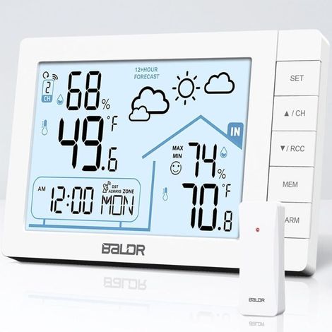Station Météo Sans Fil Avec Capteur Extérieur Thermomètre Hygromètre Numérique Interieur Exterieur Horloge de Radio-Pilotée Avec Prévisions Météo, Alarme et Snooze (1/4)