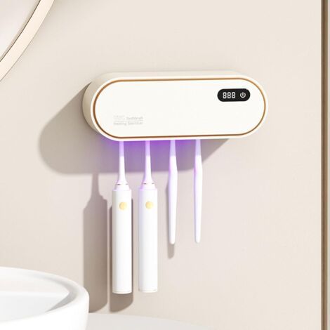 Porta spazzolini da parete con sterilizzatore UV, senza bisogno di forare, con funzione di asciugatura e timer, batteria ricaricabile da 1800 mAh, 4 scomparti, accessorio da bagno (bianco) (1/5)