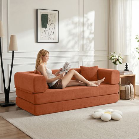 Sofá cama convertible de suelo en pana naranja, 200 x 200 x 50 cm, OKWISH (1/5)