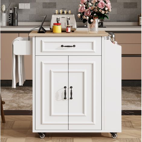 Isola da cucina 66x40/60x90 cm bianca in MDF con piano pieghevole e ruote (1/5)