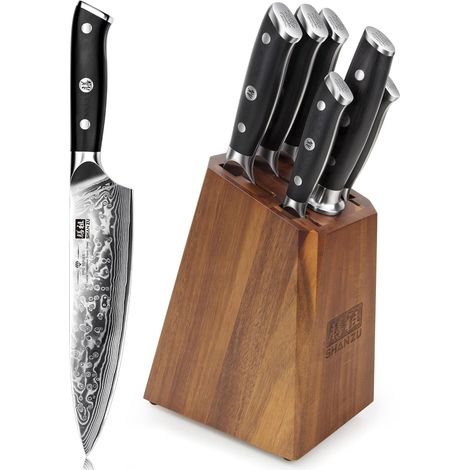 Damascus Kitchen Knife Block, 7 Piece Japanese Knife Set (1/5)
